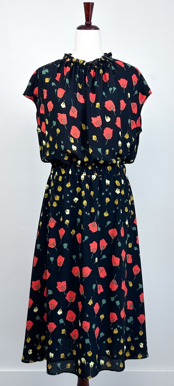 Banana Republic Autumnal Poppy Floral Cap Sleeve High Neck Midi Dress SIZE 12